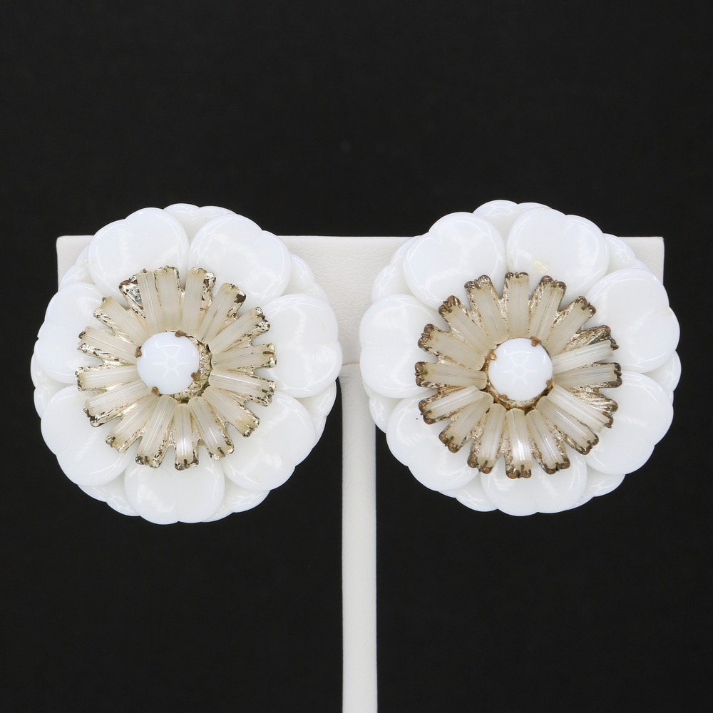 Vintage Miriam Haskell White Milk Glass Flower Clip On Earrings Signed 1950s